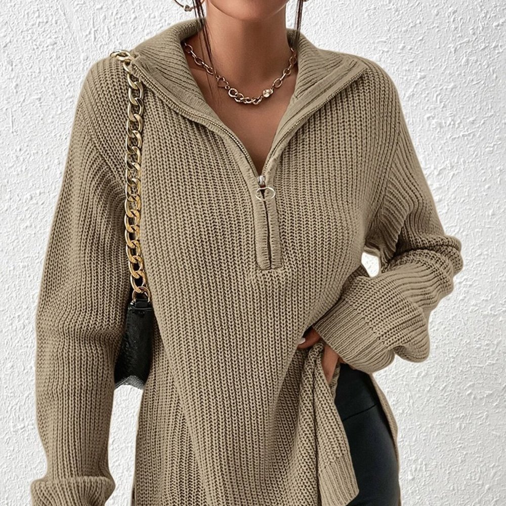 Casual Half Zip Split Hem Drop Shoulder Sweater Khaki - Picture 2 of 5